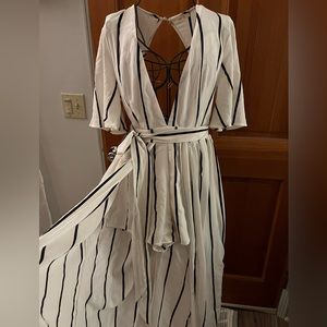 San Joy Romper with overlay skirt white w/ Black stripes size SM/MED